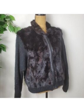 Vintage Rabbit Fur Jacket Black Brown Full Zipper Large